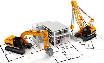 Image of commercial building with construction plans including a replica crane and digger 
